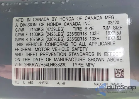 2020 Honda Cr-V Awd Ex z USA, uszkodzony, nr VIN 2HKRW2H54LH638230